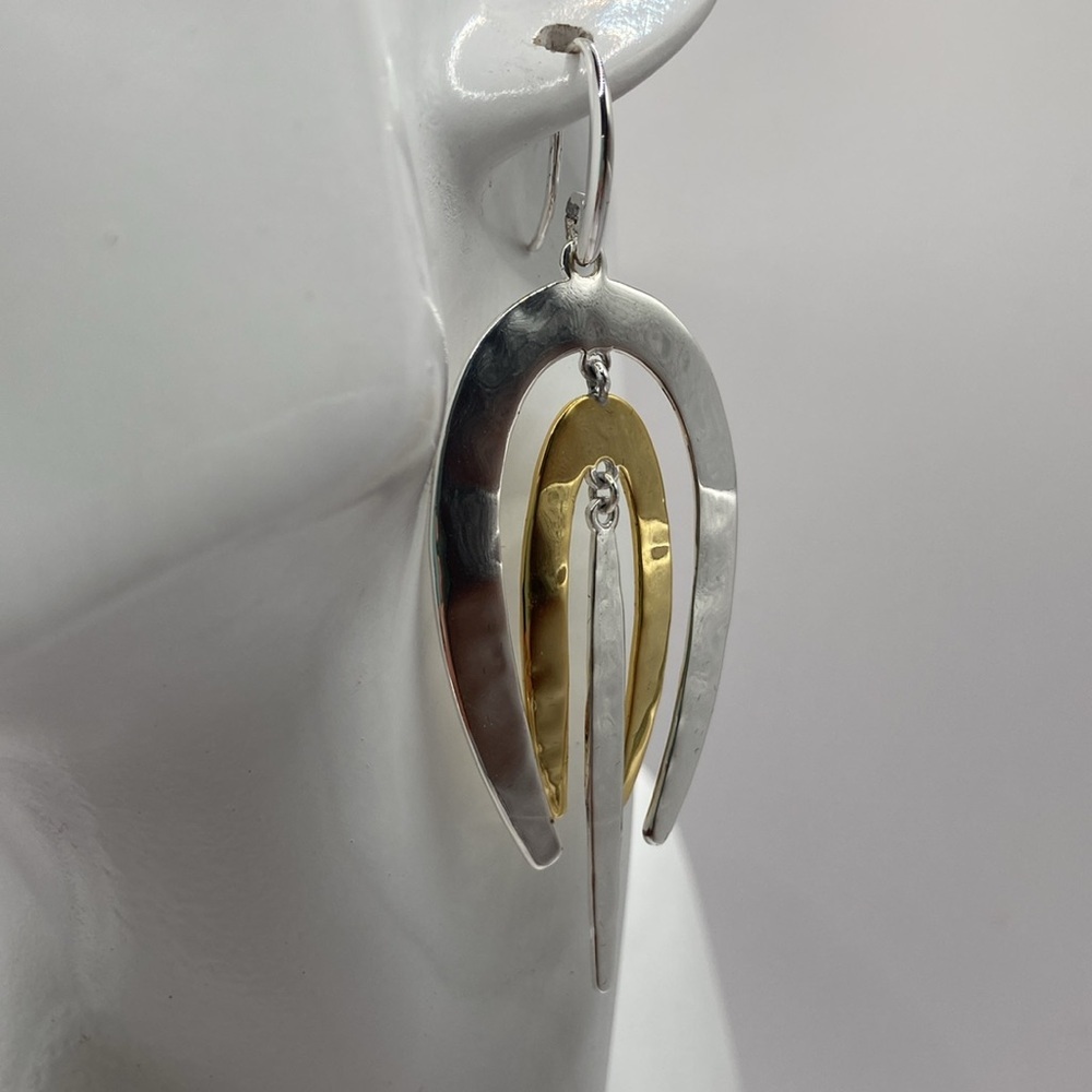 Robert Lee Morris Hammered 2 Tone Dangle Earrings Yellow White Bronze Pierced - Picture 7 of 12